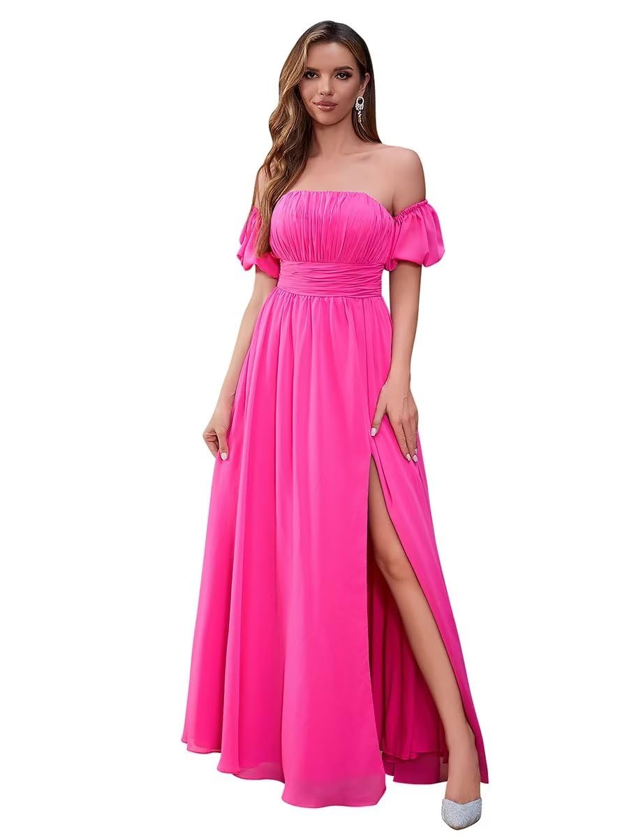 Alfeice Off The Shoulder Bridesmaid Dresses Slit Long Chiffon Puff