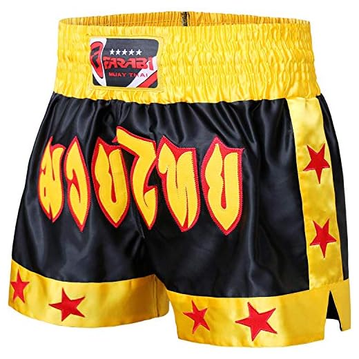 Farabi Sports Pantalones Muay Thai Kickboxing Shorts MMA Entrenamiento de Artes Marciales Mixtas Muay Thai Shorts (M, Black/Yellow)