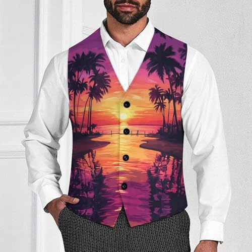 Palms Trees Sunset Trendy Vest Suit for Men V Neck Formal Dress Waistcoat Vests Business Slim Fit4