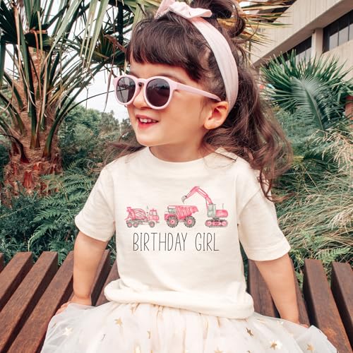 Birthday Girl Pink Trucks Toddler Shirt - Construction Zone Backhoe Tractor Digger Cement Mixer Excavator Outfit - Natural Toddler & Youth Girls Graphic Tee2