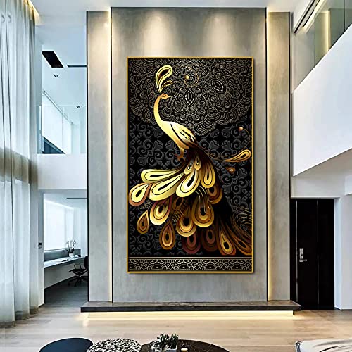 Tableau paon noir et or 50x90 cm moderne sans cadre pour salon - 5