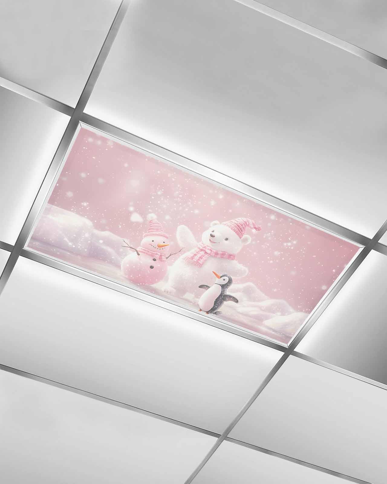 Magnetic Fluorescent Light Cover for Ceiling Lights Classroom, Snowman Bear Penguin Dreamy Pink Winter Snow Ceiling Light Filters Accessories for School Office Drop Lamp Decor 4 x 2 Feet 1 Pack