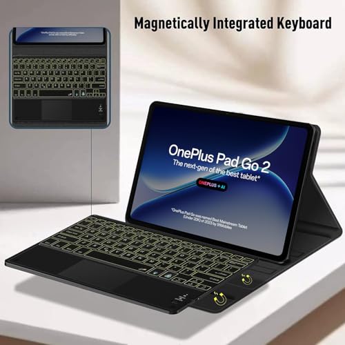 Image of HOM Tri-Fold 7-Colour Backlight Detachable Wireless Bluetooth Keyboard with Trackpad /Touchpad Tablet Cover Case for OnePlus Pad Go 2 Tablet 12.1-inch