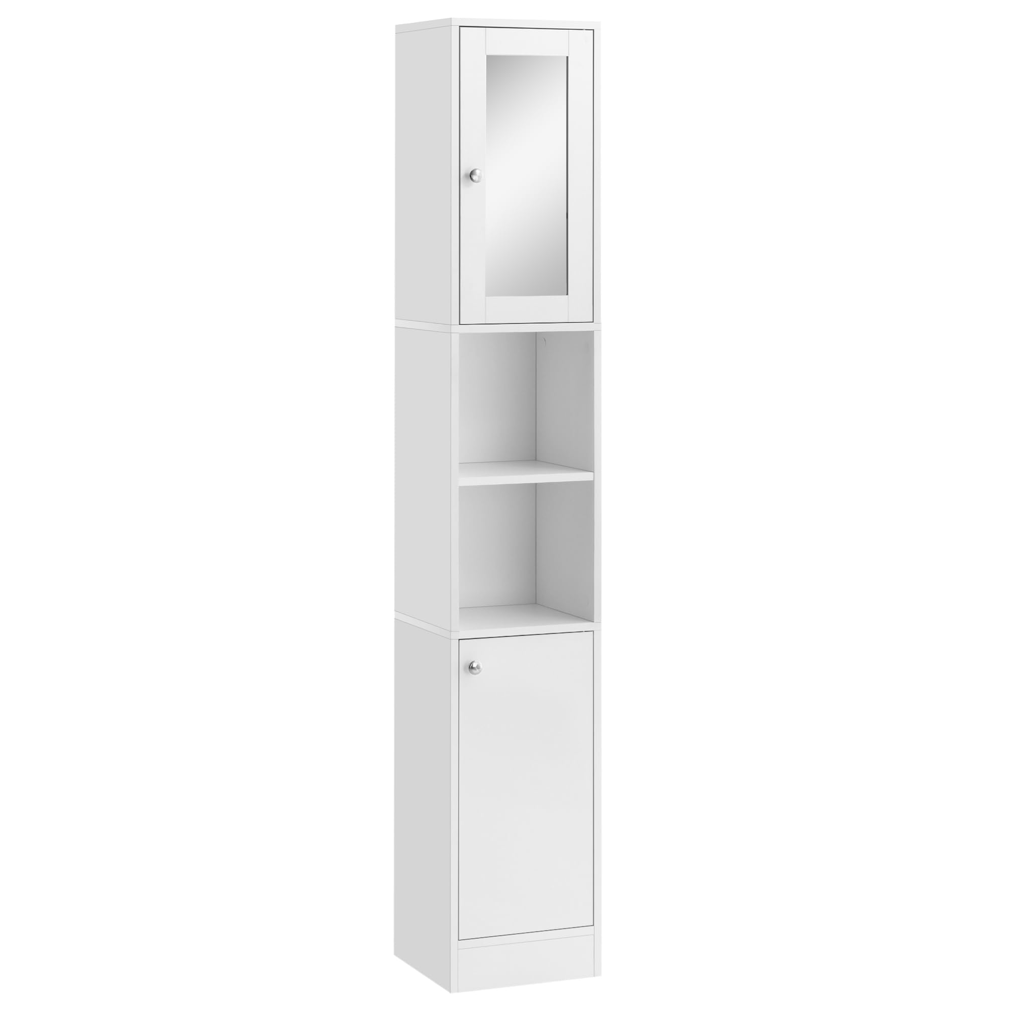 kleankin Tall Bathroom Storage Cabinet Mirrored Tallboy Cabinet White | Freestanding Design, Adjustable Shelves