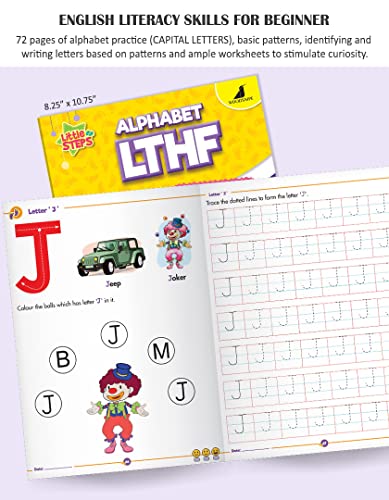 Image of Woodsnipe Pattern Writing + Beginner Alphabet Learning LTHF method for Preschoolers Ages 2 to 4 Years for Homeschooling | Basic Strokes, Lines and Curves, Capital Letters, Tracing and Colouring