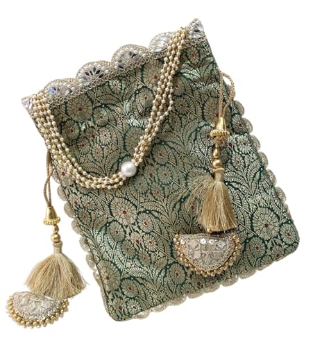 Image of MILAN'S CREATION Pure Banarasi Potli Silk Brocade Bag Purse Drawstring Women's handbag with Pearl Handle & Tassel Weddings