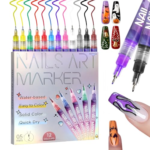 12 Colors Nail Art Pens Set, 0.5mm Fine Tip Nail Polish Pens