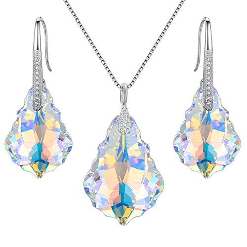 EleQueen 925 Sterling Silver CZ Baroque Drop Pendant Necklace Dangle Earrings Set Iridescent Aurora Borealis Made with Austrian Crystal