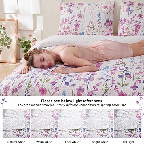 Summer Lightweight Thin Floral Quilts King Size,Purple Blue Lilac Flowers Green Leaves Botanical Bedspread Coverlet Set,Breathable Bed Cover With King Pillow Shams,Random Patterns #TOP3