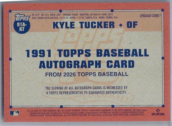 Kyle Tucker Autographed Serial Numbered #077/150 1991 Retro Design Oncard Auto 75th Anniversary Foil Collectible Baseball Card - 2026 Series One Baseball Card #91A-KT (Cubs)