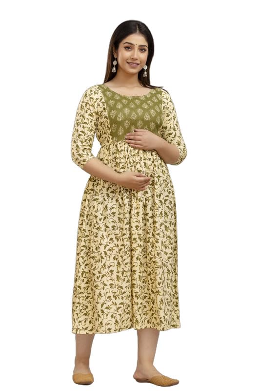 Women Cotton Printed Maternity Gown | Western Dress with Zippers for Nursing Pre and Post Pregnancy Kurta | Feeding Kurti | Green | XL-image-44