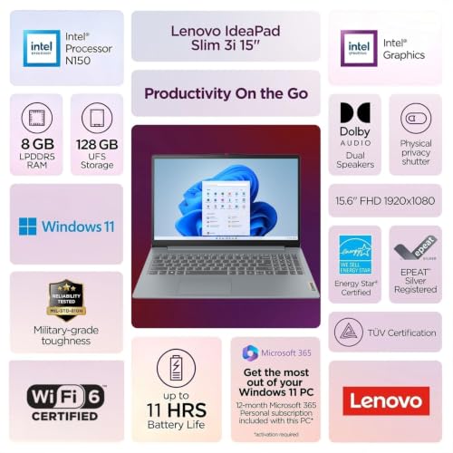 Image of Lenovo IdeaPad Slim 3 15.6 inch FHD Business Laptop, 2026 Edition, Intel N150 Processor, 8GB DDR5 RAM, 128GB SSD, Windows 11, Microsoft 365 for Everyday Use