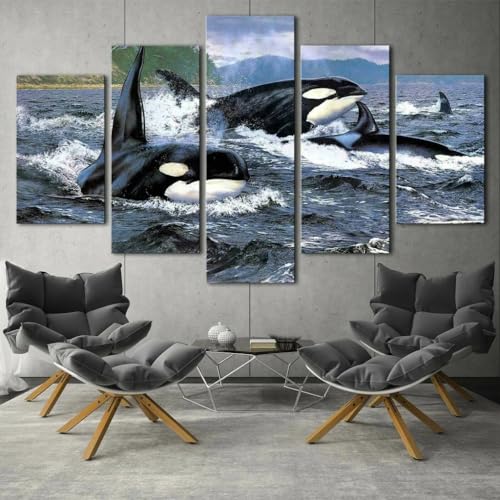 Tableau de décoration murale orque et baleine impression sur toile en 5 parties