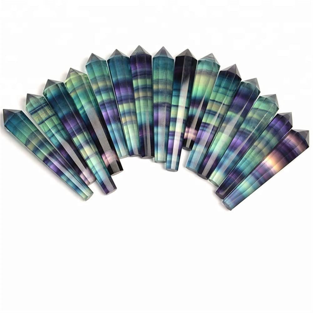 Natürlicher Regenbogen-Fluorit-Quarz-Kristall-Pendel-Stein-Punkt-Zauberstab 60MM 1PC Schöner natürlicher Kristallstein Voller Textur