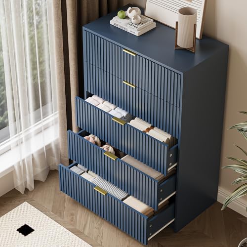 Image of MAISONARIA 5 Drawer Dresser for Bedroom, Tall Dresser Chest of Drawers with Gold Handles, 32 Inch Wide Nightstand with for Bedroom, Living Rooms, Offices, and Entryways, Navy Blue