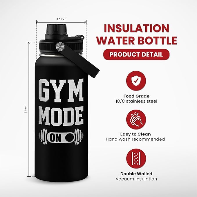 Image of SANDJEST Gym Insulated Engraved Stainless Steel Water Bottle 32oz, Vacuum Chug Lid Travel Tumbler For Men Friends Dad Gymer Trainer, Gym Mode on, Birthday Christmas Father's Day