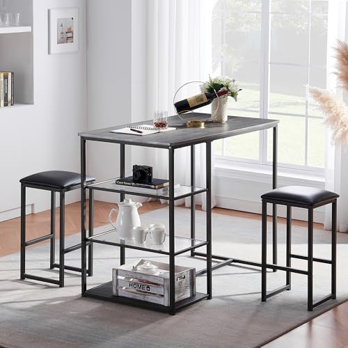 Image of VECELO Dining Table Set for 2 with 3 Storage Shelves,Counter Height Kitchen Table and Chairs with Pu Cushion Chairs & Wood Top for Small Space,Dining Room,Apartment,Gray