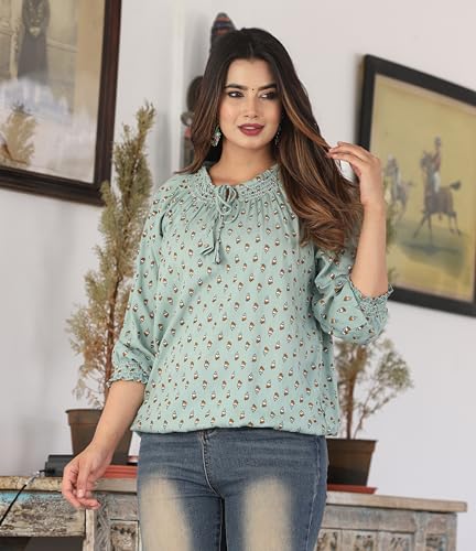 Image of Himanshi Enterprises Women's Traditional 3 /4 Sleeves Mandarin Nack Rayon Floral Printed Short Kurti