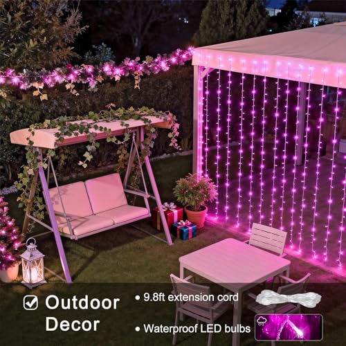 Image of JMEXSUSS 300 LED Curtain Lights, Pink String Lights for Bedroom, 9.8x9.8 ft | Plug in Hanging Lights with Remote, For Dorm, Window, Wall, Birthday Party, Girls' Room, Valentine's Day Indoor Outdoor Decor