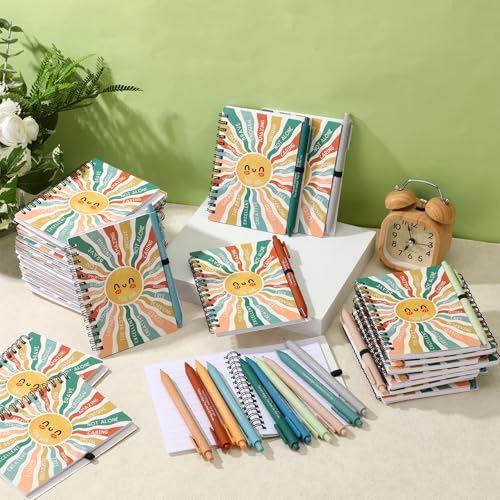 Image of Thenshop 40 Pcs First Day of School Encouragement Supplies 20 Self Care Notebooks Journals and 20 Positive Affirmation Pens Mental Health Wellness Gifts for Teacher Counselor Student (Sunshine)