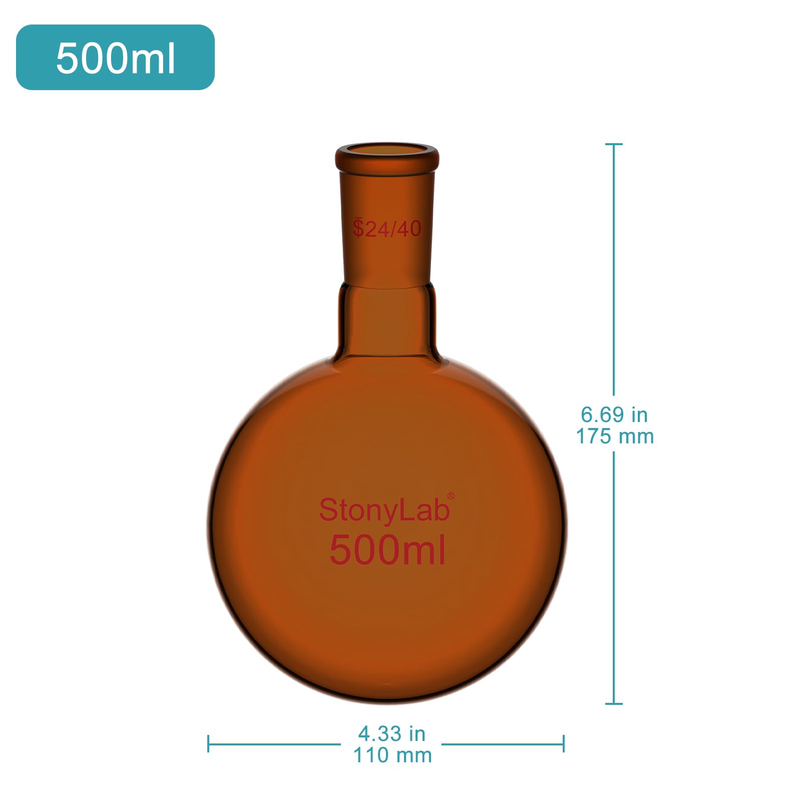 stonylab Ballon à Fond Rond Marron avec Col Unique, Joint Conique Standard 24/40, Verre Borosilicaté de Qualité Laboratoire, Résistant à la Chaleur et aux Produits Chimiques, 500 ml