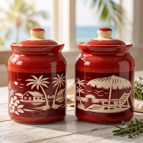 Image of D'Maiolica Pickle Jars in 1000ml (set of 2) | Handpainted Floral Pattern 1 kg Achaar Martban | Ceramic Container Set for Kitchen Storage (Pack of 2) (Heritage Red Oasis)