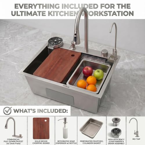Image of ARQUIN Kitchen Sink 24 inchx18 inchx9 inchInch Waterfall Kitchen Sink Silver Original 304 Grade Stainless Steel ANTI SCRATCH Silver Matt Finish DESIGN Integrated Pull-down Faucet with Cup washer
