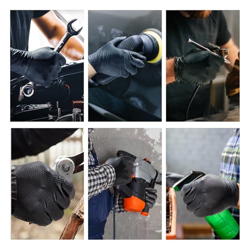 10mil Nitrile-Gloves Disposable-Black Chemical-Resistant Rubber - Mechanic Gloves Heavy Duty, Latex Free, Diamond Grip (500, Medium)