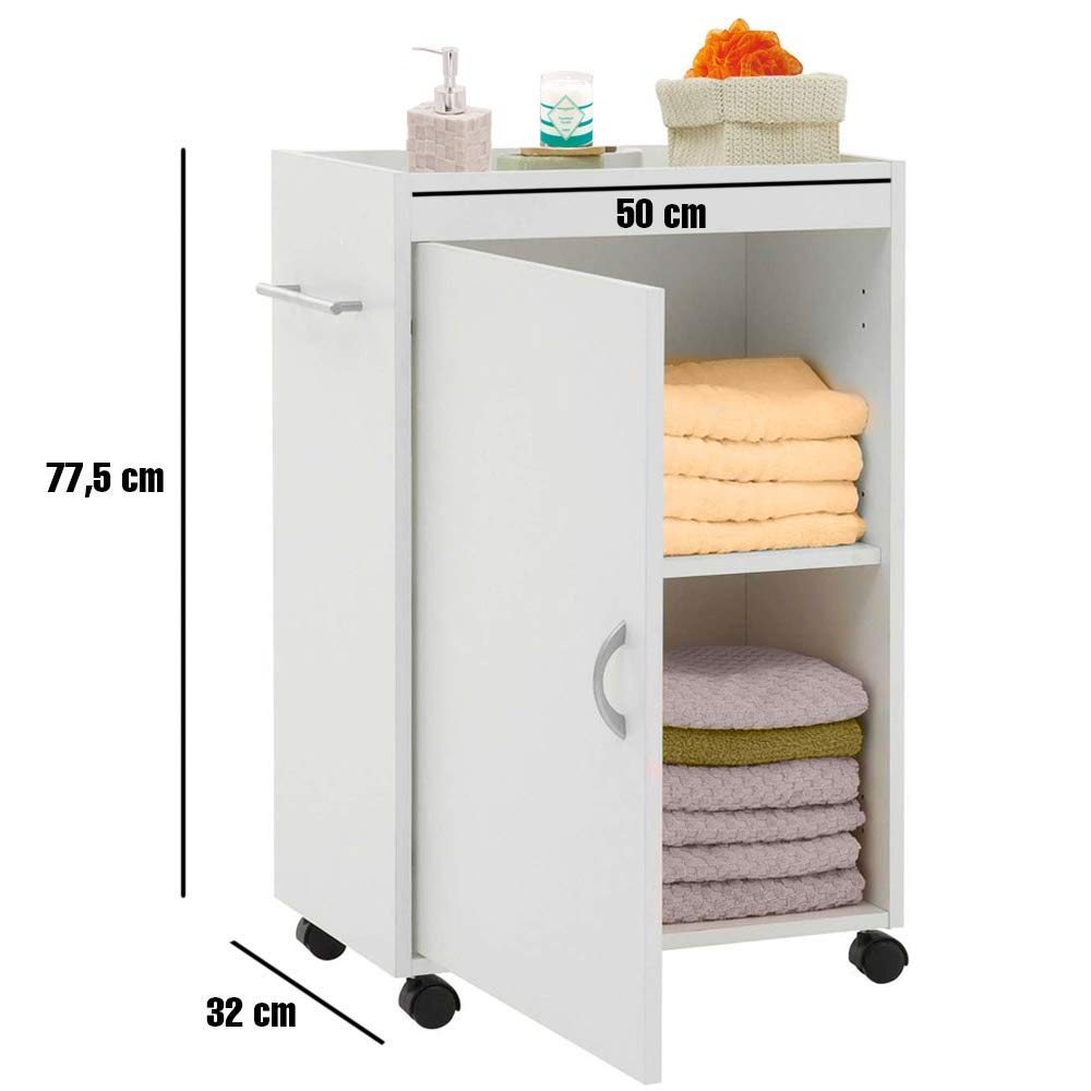 BAKAJI Carrello Bagno Cucina in Legno MDF con Anta 3 Ripiani e 4 Ruote Girevoli Dimensioni: 50 x 32 x 77,5 cm Mobiletto Trolley Salvaspazio Colore Bianco