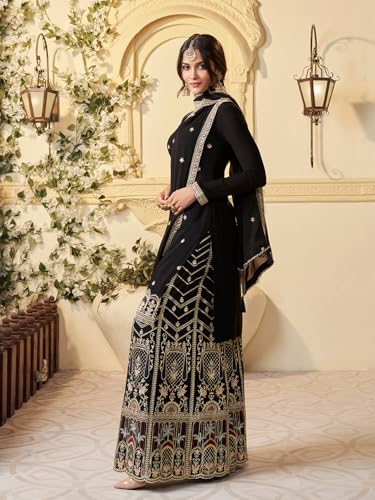 Image of Designer Palazzo Sharara Suit Set with Embroidered Dupatta, Traditional Indian Ethnic Dress, White and Black Variants