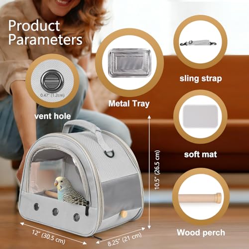 Image of Bird Carrier, Portable Small Bird Parrot Parakeet Carrier with Standing Perch and Stainless Steel Tray, Side Access Window Collapsible (Grey, Horizontal Perch)