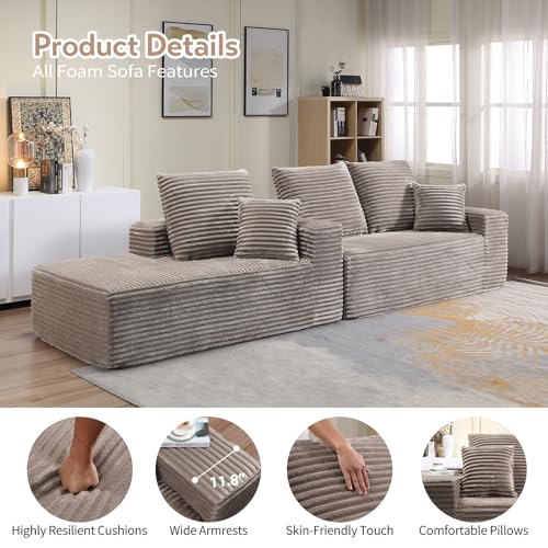 Image of 107.5 inch W Modular Sectional Sofa, Upholstered Corduroy Cloud Couch with Deep Seat, Modern 3-Seater L-Shaped Sofa for Living Room, No Assembly Required (Camel, Left-Facing Chaise)