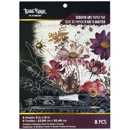 Brea Reese: Scratch Art Paper Pad - Woodland Songs - 6 Designs Guided Art Metallic Accents Stylus & Brush Perforated 9x12 Pages DIY Adult Craft