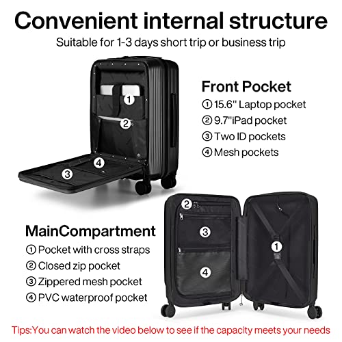 Hanke Carry On Luggage With Front Laptop Pocket, 20" Pc Hard Case Suitcases With Spinner Wheels & Tsa Lock,Rolling Luggage For Business Travel And Short Trip(Black) #TOP3