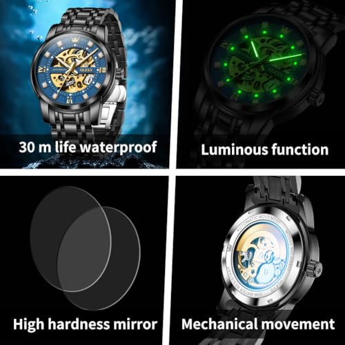 Image of OLEVS Mens Automatic Watch Skeleton Diamond Luxury Mechanical Self Winding Dress Wrist Watch Waterproof Luminous