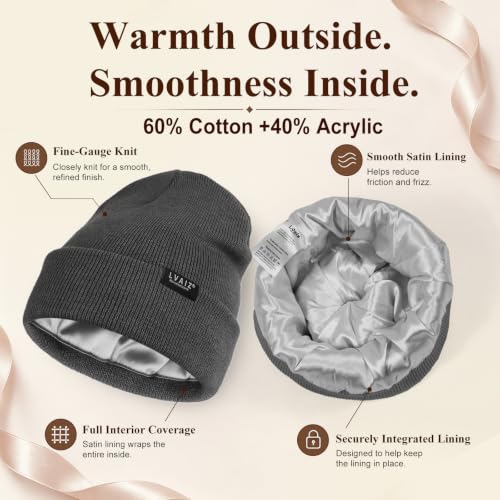 Image of Satin Lined Winter Beanie Hats for Women Unisex Cotton Knitted Cuffed Knit Hat with Silky Lining Slouchy Skull Cap