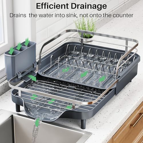 Image of SNTD Dish Drying Rack, Expandable Dish Rack for Kitchen Counter, Stainless Steel Dish Drainer with Drainboard Set and Utensil Holder (Gray)