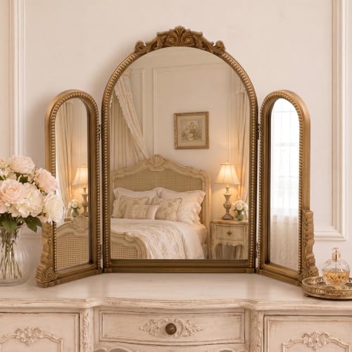 Wonderjune 3 Way Trifold Vanity Mirrors 30 x 37 in Vintage Bronze Arched Mirror for Bathroom Bedroom Decorative Folding 3 Sided Mirror Wall Mounted for Braiding Hair Makeup