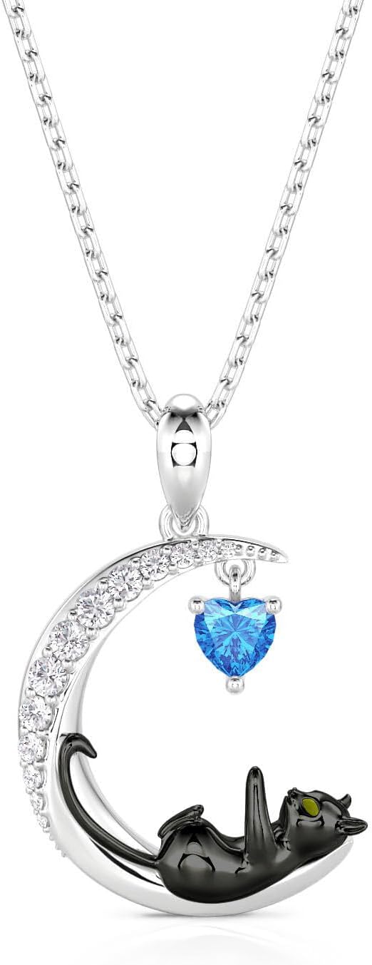 Amazon | [Jeulia] 誕生石ネックレス｜月と猫のハートペンダント