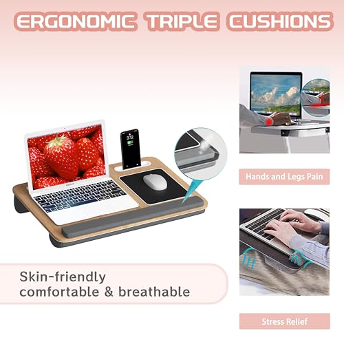 BORNOON-Lap-Laptop-Desk-Fits-Up-to-17-Inch-LaptopPortable-Lap-Desk-with-Pillow-Cushion-Anti-Slip-Mouse-pad-Storage-FunctionHome-Office-Students-Use-as-Computer-Laptop-Bed-Table-Wood-Grain