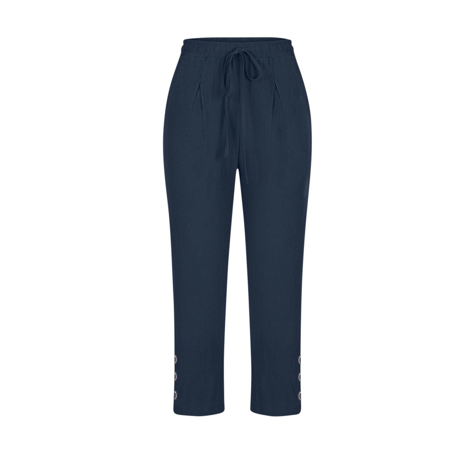 Summer Cotton Linen Capri Pants for Women High Waist Drawstring Straight Leg Capris Casual Beach Cropped Lounge Pant - 4