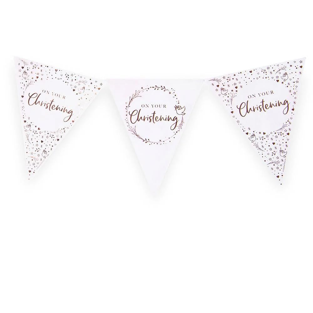 Anniversary House On Your Christening Paper Flag Bunting, Pink Rose Gold