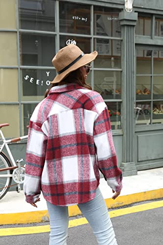 Womens Casual Flannel Wool Blend Plaid Lapel Button Down Long Sleeve Shacket Jacket Coat Winter Loose Shirts(Red-2, Small) #TOP3
