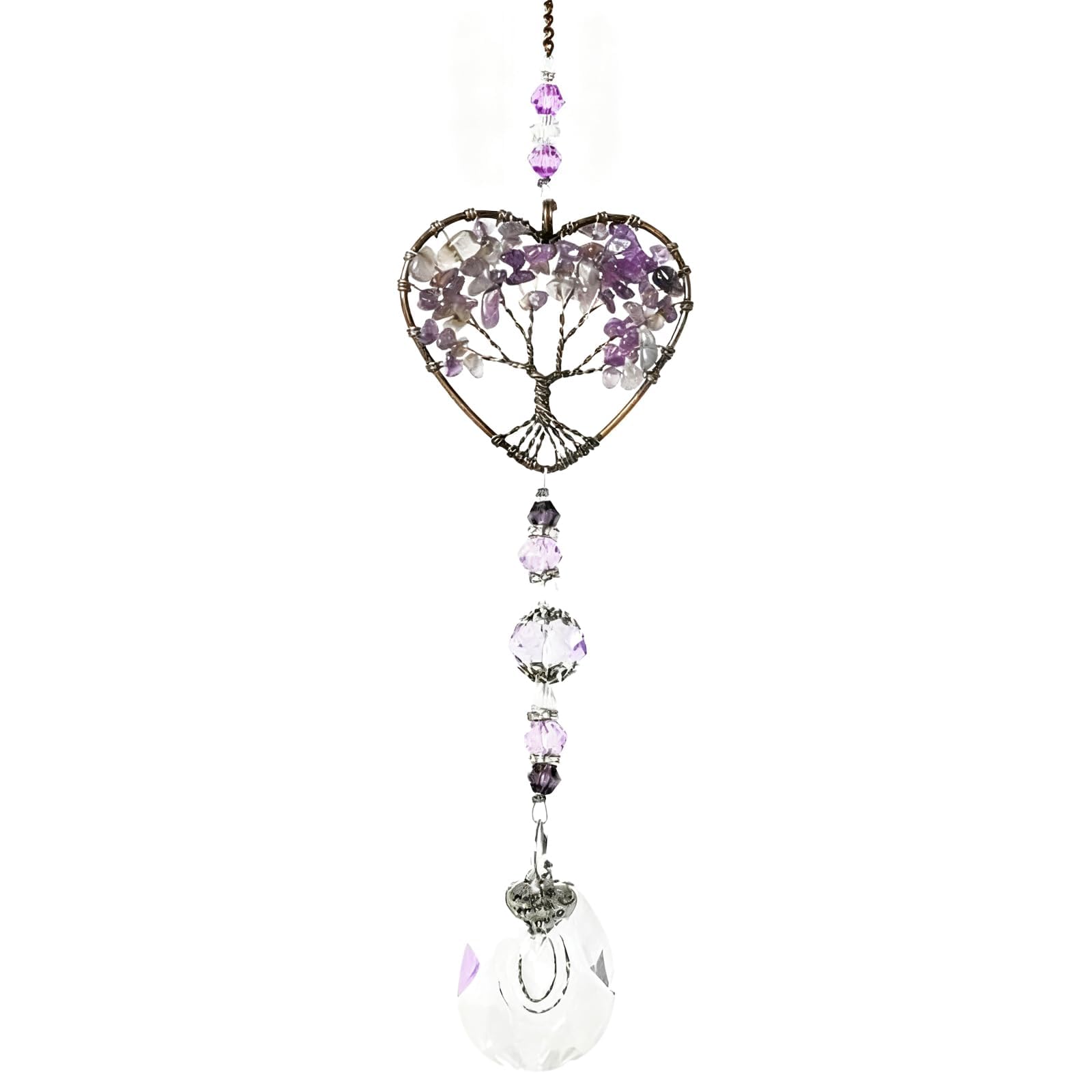 Amethyst Sun Catcher, Purple Tree of Life Sun Catchers for Windows, Natural Chakra Healing Crystal Windows Decor, Heart Shaped Crystal Hanging Ornament for Window, Home,Garden and Car Decoration