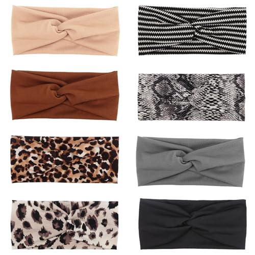 DRESHOW 8 Pack Headbands for Women Girls Vintage Leopard Headband Knotted Headwraps Criss Cross Hair Bands Accessories