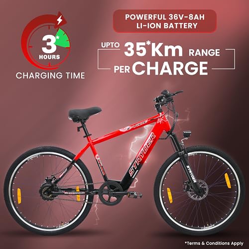 Image of Stryder E-Vibe 27T Electric Cycle for Men & Women (5.2-6 Ft) | 250W BLDC Motor | 36V 8.7Ah Li-ion Battery | Dual Disc Brakes | Front Suspension | USB Charging | Password Display | E-Bike (Red)