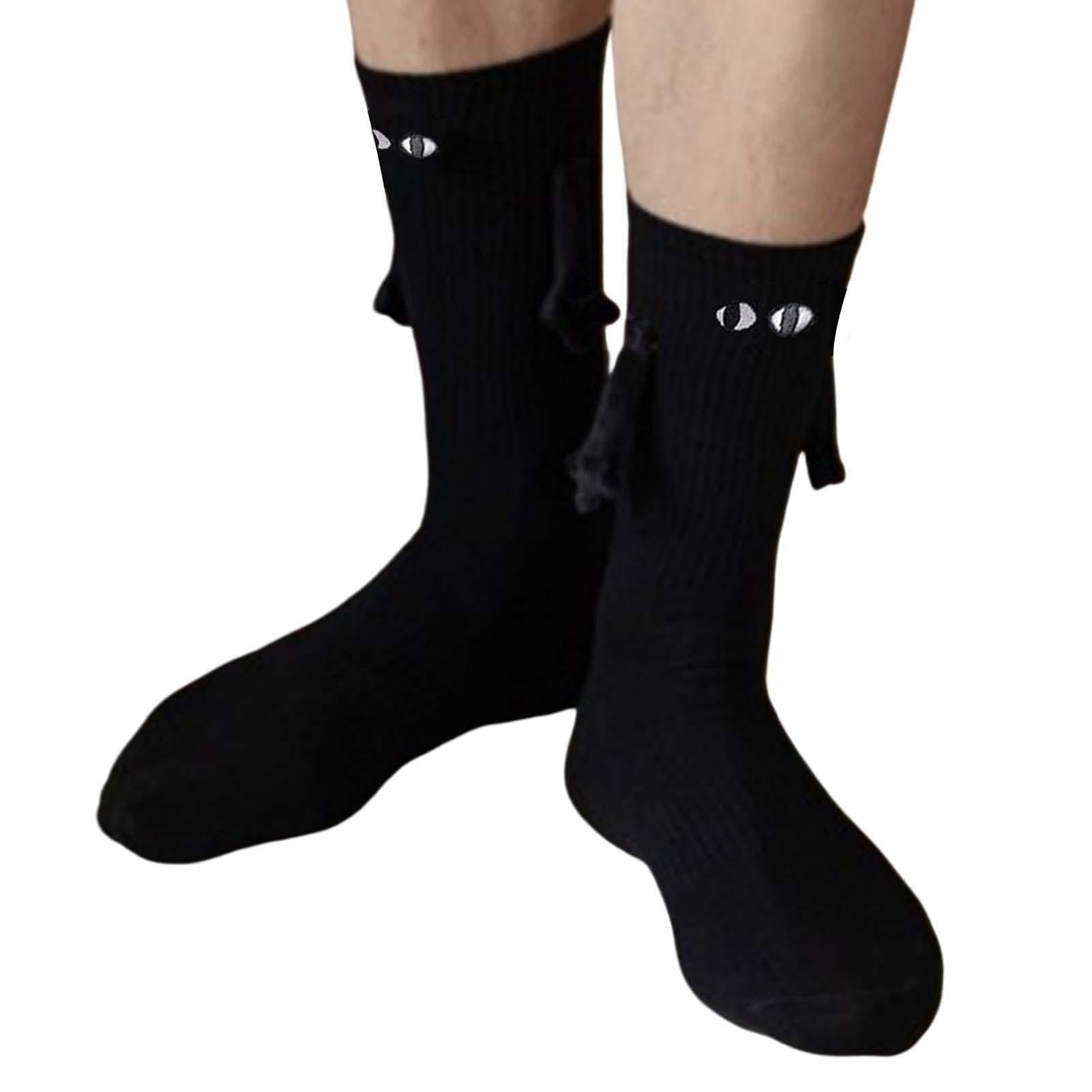 EHOTER Socks with Magnetic Hands of Couple 3D Doll Couple Holding Hands Socks Mid Tube Cute Socks with Eyes Hand In Hand Friendship Socks for Women Men (1Pair Black)