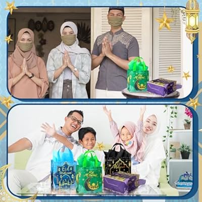 Locmeo 16 Pcs Eid Mubarak Gift Bags with Tissue Paper Ramadan Goodies Bags with Handles Reusable Multifunctional Non Woven Eid Gift Bags for Muslim Party Favor Treat Gift Wrapping Decoration Supplies