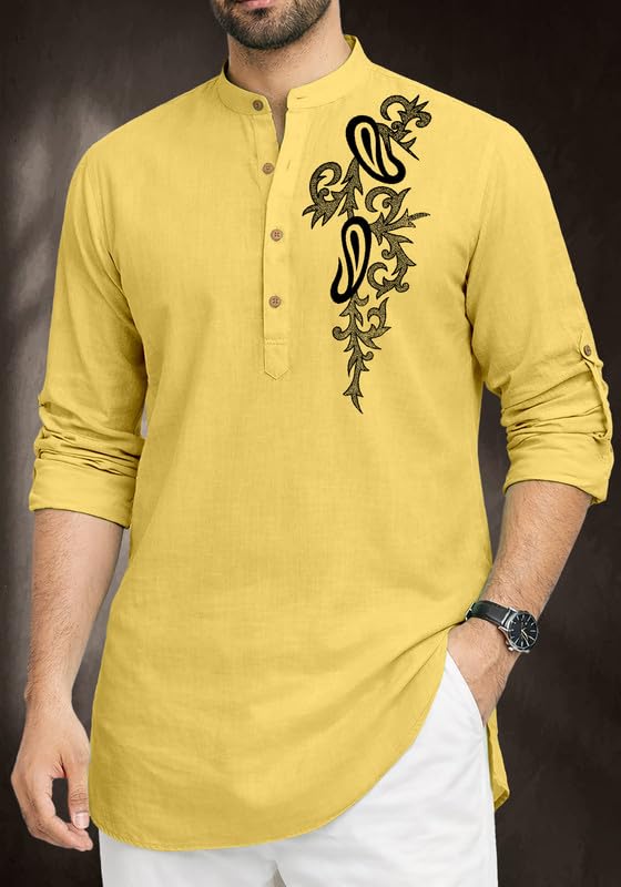 Image of Cotton Blend Self Design Printed Casual Short Kurta for Men Long Sleeve Mandarin Collar Stylish Kurta Shirt for Men