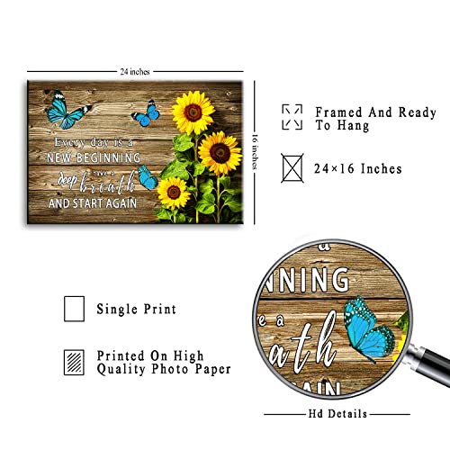 Whaomiot Sunflower Blue Butterfly Inspirational Quotes ''Every Day Is A Beginning'' Canvas Poster, 24X16 Inch Frame Ready To Hang Office Bathrooms Bedroom Living Room Wall Art Pictures Décor #TOP1
